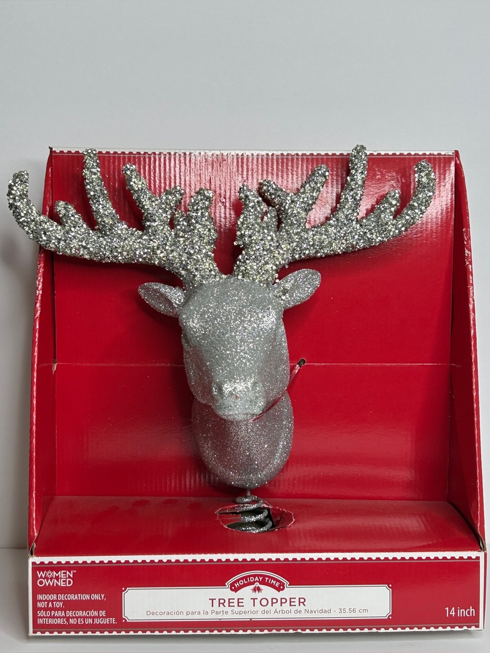 Silver Glitter Christmas Tree Topper Deer Reindeer Head 14 Inch Holiday Time NEW